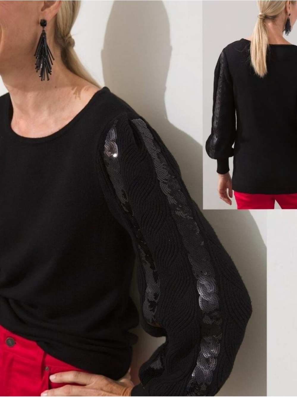 Chico’s Black Sweater with Sequin-Trim Cable Sleeves SZ-L/2
